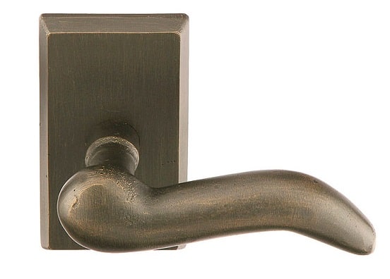 RUBENS INTERIOR DOOR PASSAGE HANDLE.  The 1/2" thick plate is 2" x 2" . Finished in Antique Brass, Dark Bronze and Satin Black the interior door passage handle brings visual strength to the Interior door in the residence.  This handle can be engaged with a European latch that allows for a separate privacy bolt.
